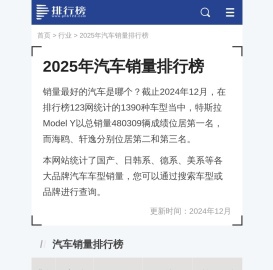 2025年汽车销量排行榜-排行榜123网